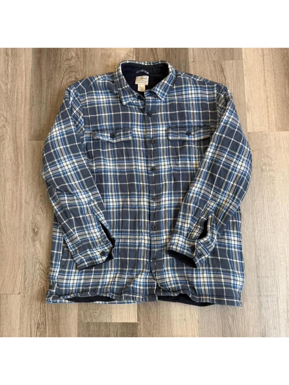 L.L.Bean blue plaid flannel shirt Size L fleece lined #flannel #outdoor